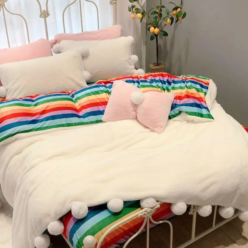 

Velvet Flannel Soft Warm Duvet Cover Set with Fluffy ball twin Queen King size 4Pcs Bedding Set Rainbow Fitted/Flat Bed sheets