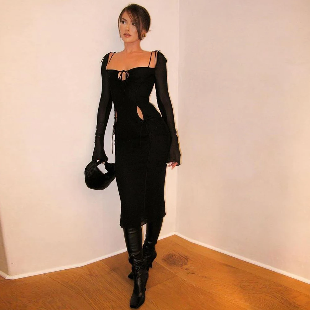 Сексуальное Бандажное платье XLLAIS с вырезами элегантное прозрачное Сетчатое миди