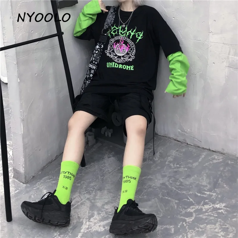 NYOOLO Harajuku флуоресцентный зеленый принт с буквами Поддельные 2 шт. Лоскутная футболка Осенняя уличная футболка с длинными рукавами для женщин и мужчин Топ