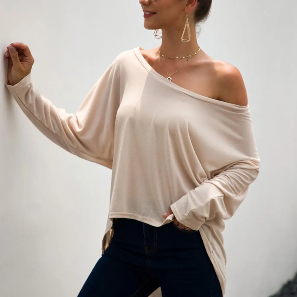 Популярные осенние женские футболки с открытыми плечами Женские однотонные