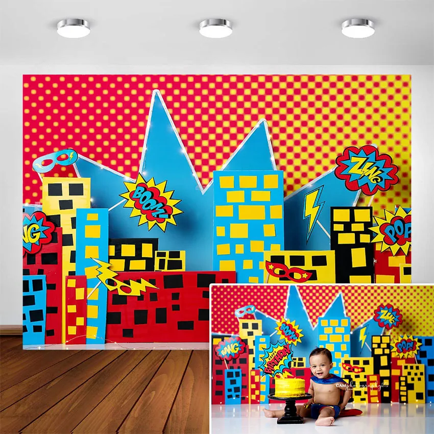 

Superhero City Backdrops Kid Baby Birthday Party Cityscape Photography Background Cake Smash Superhero Background Decorations