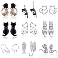 1 pair hot sale alloy cat earrings fashion shiny crystal kitten stud earrings for women girls jewelry accessories gift