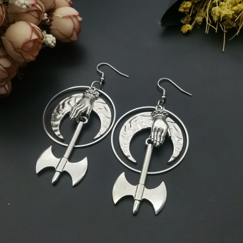 

Axe & Sword Weilder Dangle Earrings Miniature Weapon Jewelry Battle Axe Earrings Gothic Medieval Axe Earrings Moon