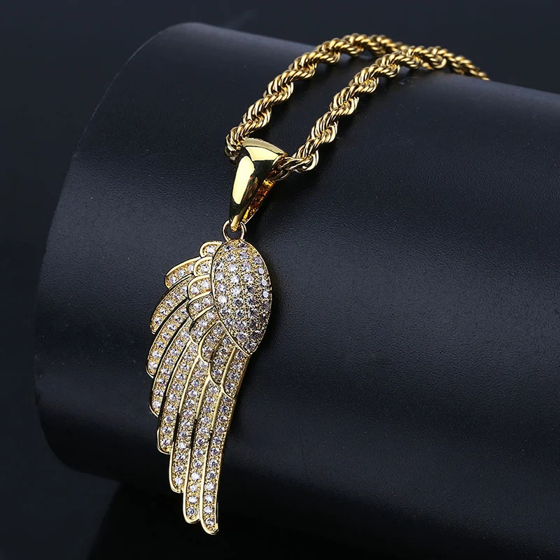 

Hip Hop Micro Paved AAA+ Cubic Zirconia Iced Out Bling Gold Silver Color Angel Wing Pendants Necklace for Men Women Jewelry