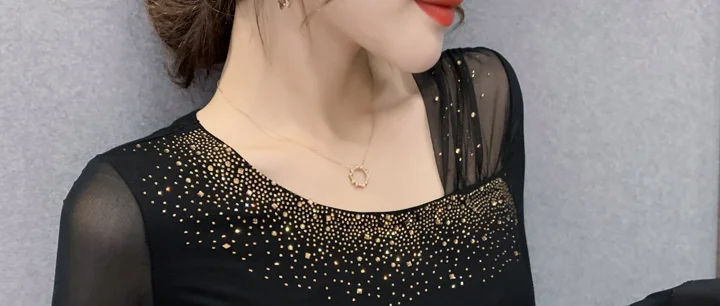 

Diamonds stitching elegant female long sleeve T shirt casual clothing women tops korean spring lace shirt