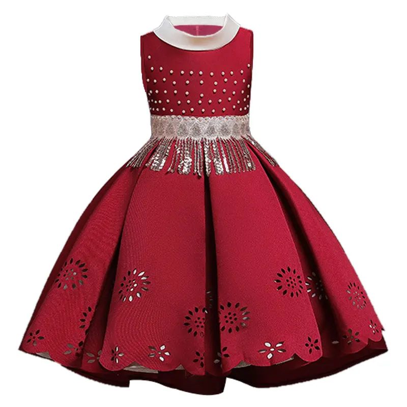 Wine red Высокого качества принцессы платье для девочки;нарядное платье для девочки,новогодний костюм для девочки; бисером Свадебная праздничное платья для девочек;карнавальные костюмы для девочек;детские платья;3,6,8,9,10 лет - Цвет: Wine red