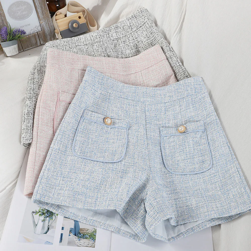 

Tweed Double Pockets High Waist Shorts 2022 New Korean Elegant Short Femme Elegant Wide Leg Women Shorts