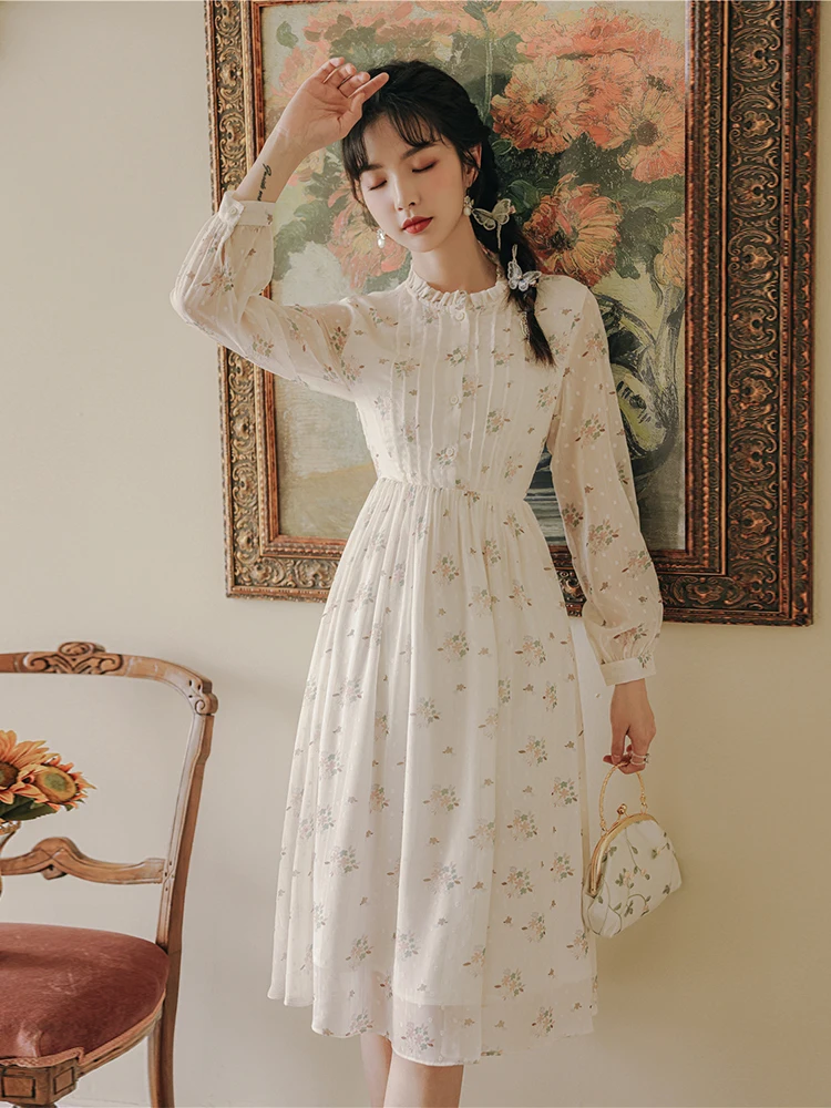

women's clothing new spring fashion stand collar flowers print sweet dress long sleeve dresses female