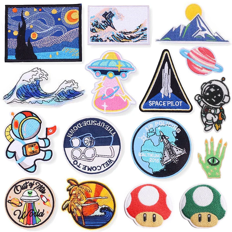 

Astronaut Embroidered Cloth Sticker Spaceship Patch DIY Waves Sea Cartoon Mushroom Head Super Mary Van Gogh Oil Painting Patches