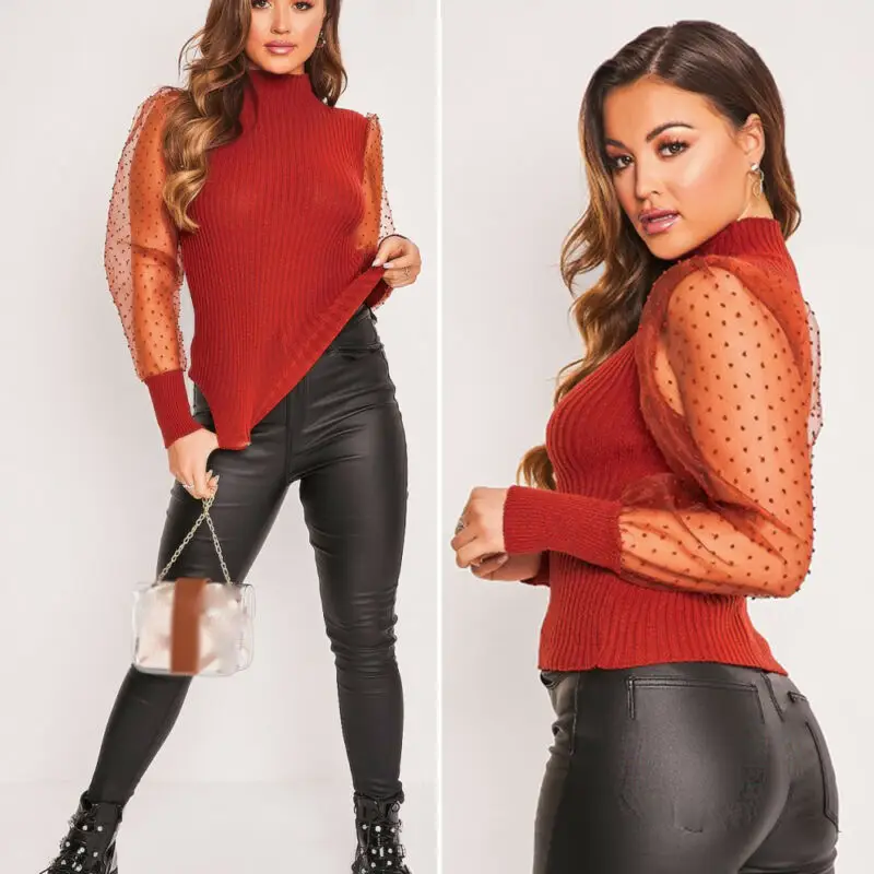 

Fashion Mesh Puff Sleeve Blouse Shirt Women Spring High Neck Patchwork Knitted Shirt New Vintage Casual Brand Office Tops Blusas