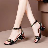 summer women embroider ankle strap high heels dress shoes ladies sandals flower sandalias mujer plus size 41