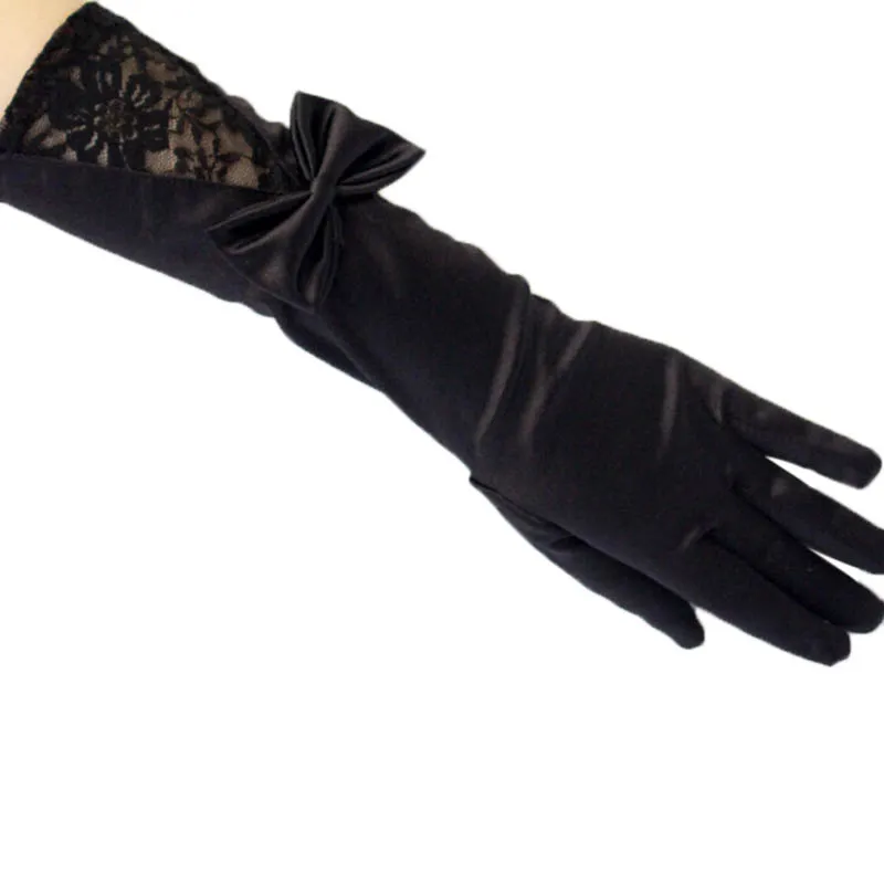 Перчатки женские кружевные атласные пикантные черные в стиле пэчворк с бантом