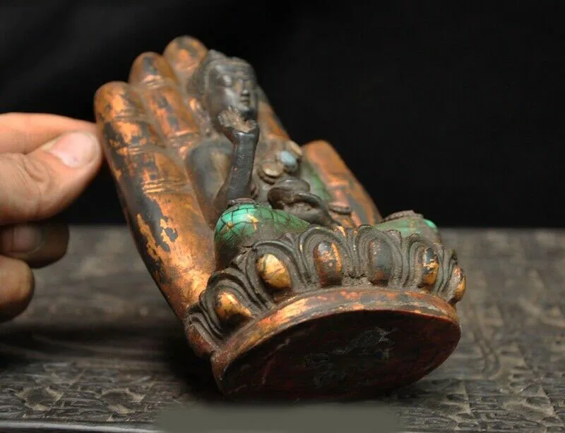 

wedding decoration 6" Old Tibet Temple Bronze inlay Turquoise Sakyamuni Medicine buddha Hand Statue