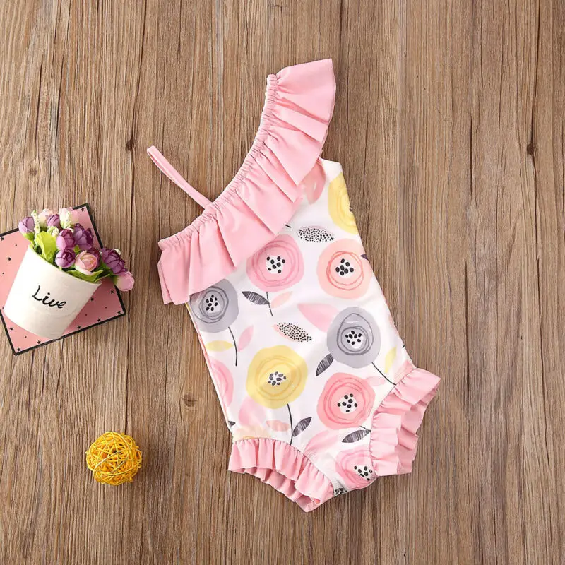 

1-5Y Toddler Baby Kid Girls Swimsuit One Piece Swimwear Flower One Shoulder Bathing Suit Beachwear Summer Bodysuit