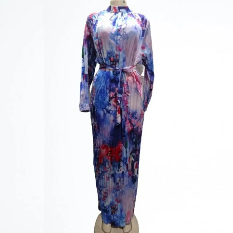 

Floral Print African Maxi Dresses For Women Stand Collar Full Sleeve Sashes Dress Robes Fashion Elegant Pleated African Vestidos