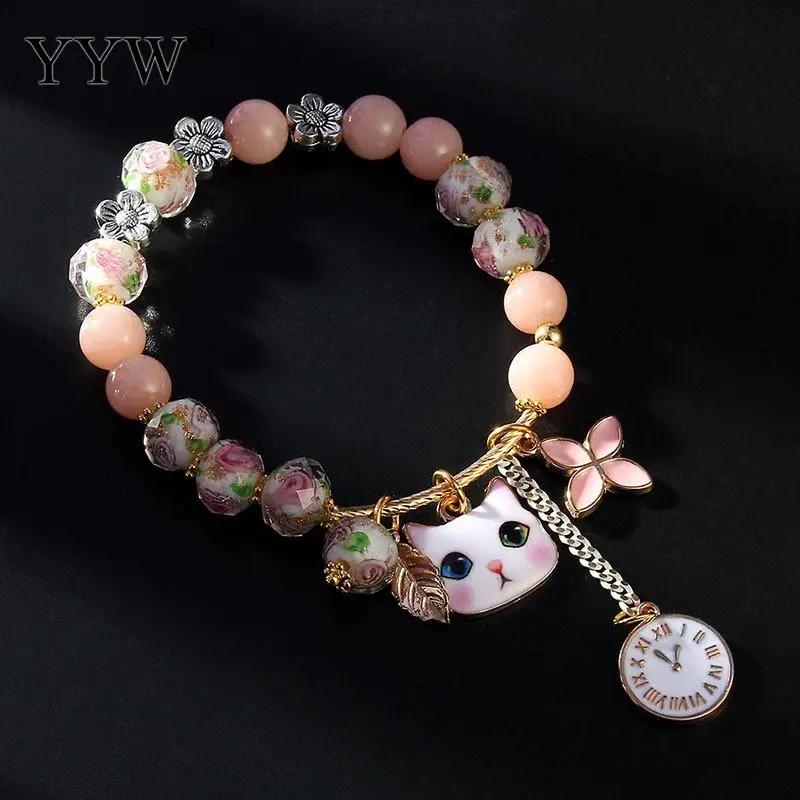 Браслеты женские с кристаллами милая эластичная цепочка изображением кошки