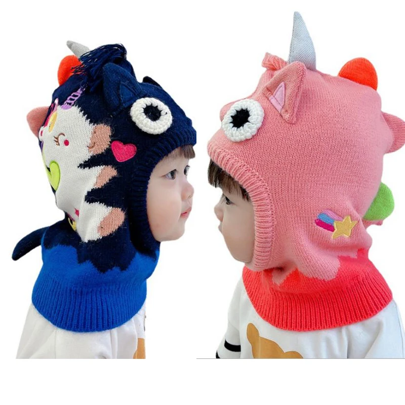 

Doitbest Boy Girl Beanie Protect neck Cartoon unicorn Windproof Winter Child knit hat Warm Cute kids girls Earflap Caps
