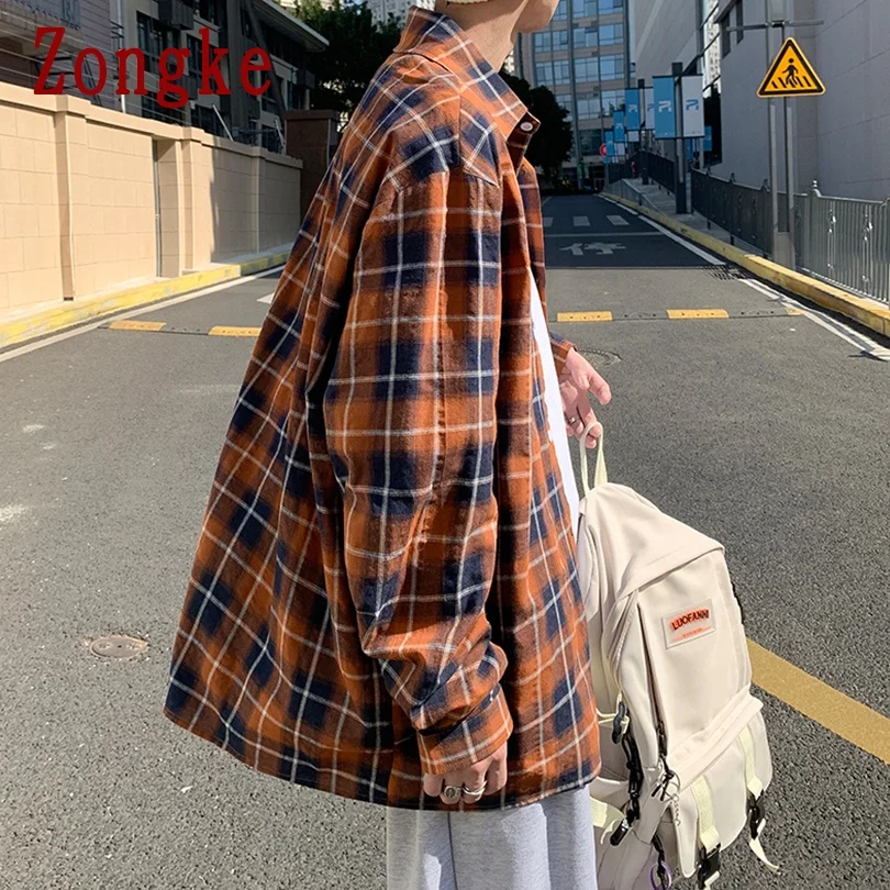 

Zongke Collared Plaid Shirt Men Clothing 2021 Fashion Summer Harajuku Man Shirts High Quality 3XL New Arrivals