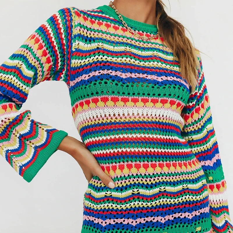 

2021 Knitted Vintage Green Contrast Striped Mini Dress Women Sexy Short Dresses Long Sleeve Chic Party Dress Elegant Office Lady