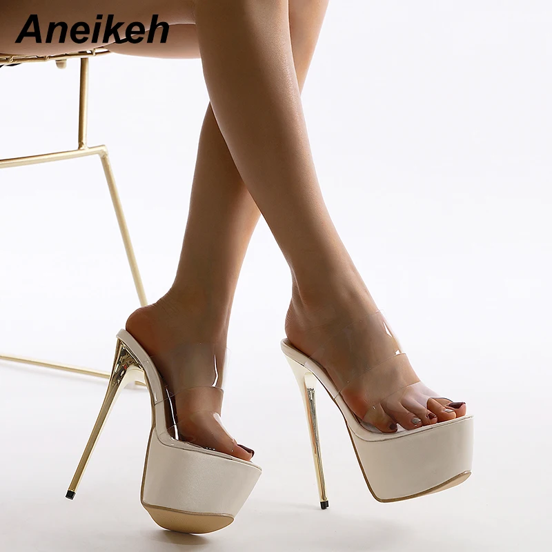 

Aneikeh NEW Sexy PVC Peep Toe Transparent 17CM Stripper High Heel Slippers Summer Fashion Slip On Thin Heels Slides Women Mules