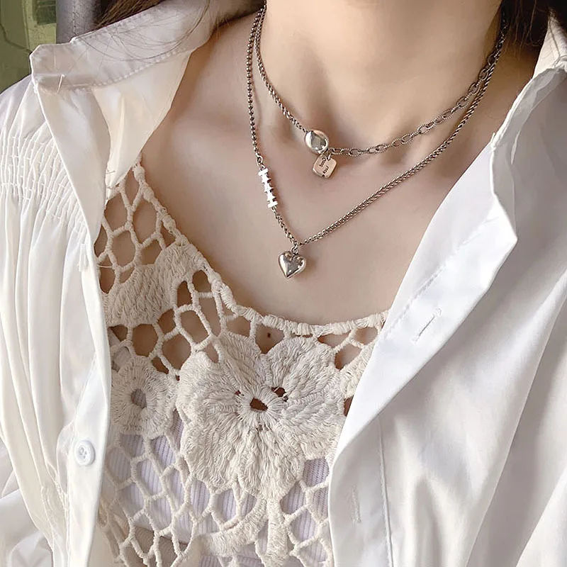 

925 Sterling Silver Love Heart Star Pendant Thai Silver Necklace Round Bead Chain Asymmetric Necklace For Women S-N641