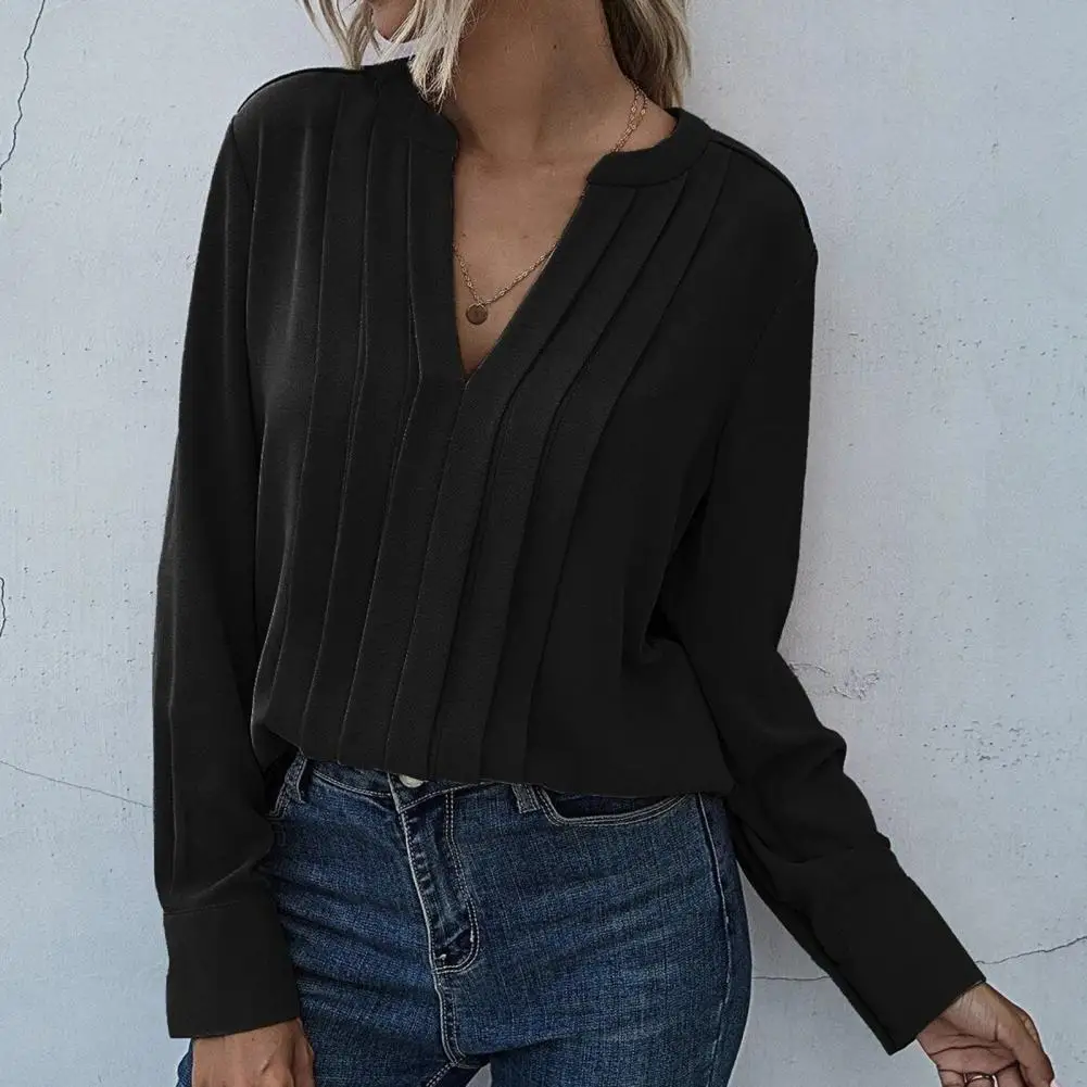 

Women Chiffon Blouse Solid Color Womens Pleated Shirt Long Sleeve V-neck Loose Shirt for Office Commute Pullover Shirt Business