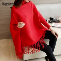 2021 winter women loose turtleneck sweater overwear coat knitted cotton poncho capes lattice shawl cardigans sweater with tassel
