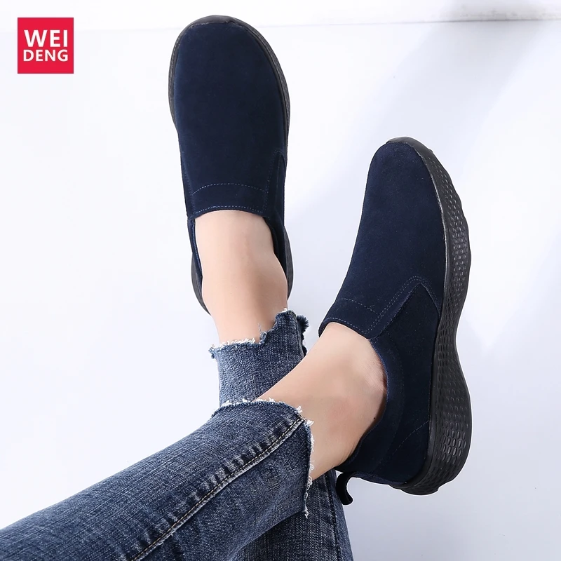 WeiDeng Women Flock Casual Shoes Leisure Retro Wedges Non Slip On Breathable Light Worm Soft Female Increased 3.5cm | Обувь