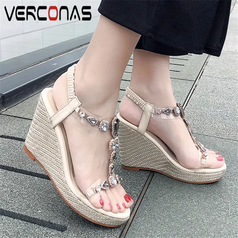 

VERCONAS Women Wedge Heel Rhinestones Thick Bottom Party Shoes Thick Heels Sandals Round Toe Summer Genuine Leather Shoes Woman