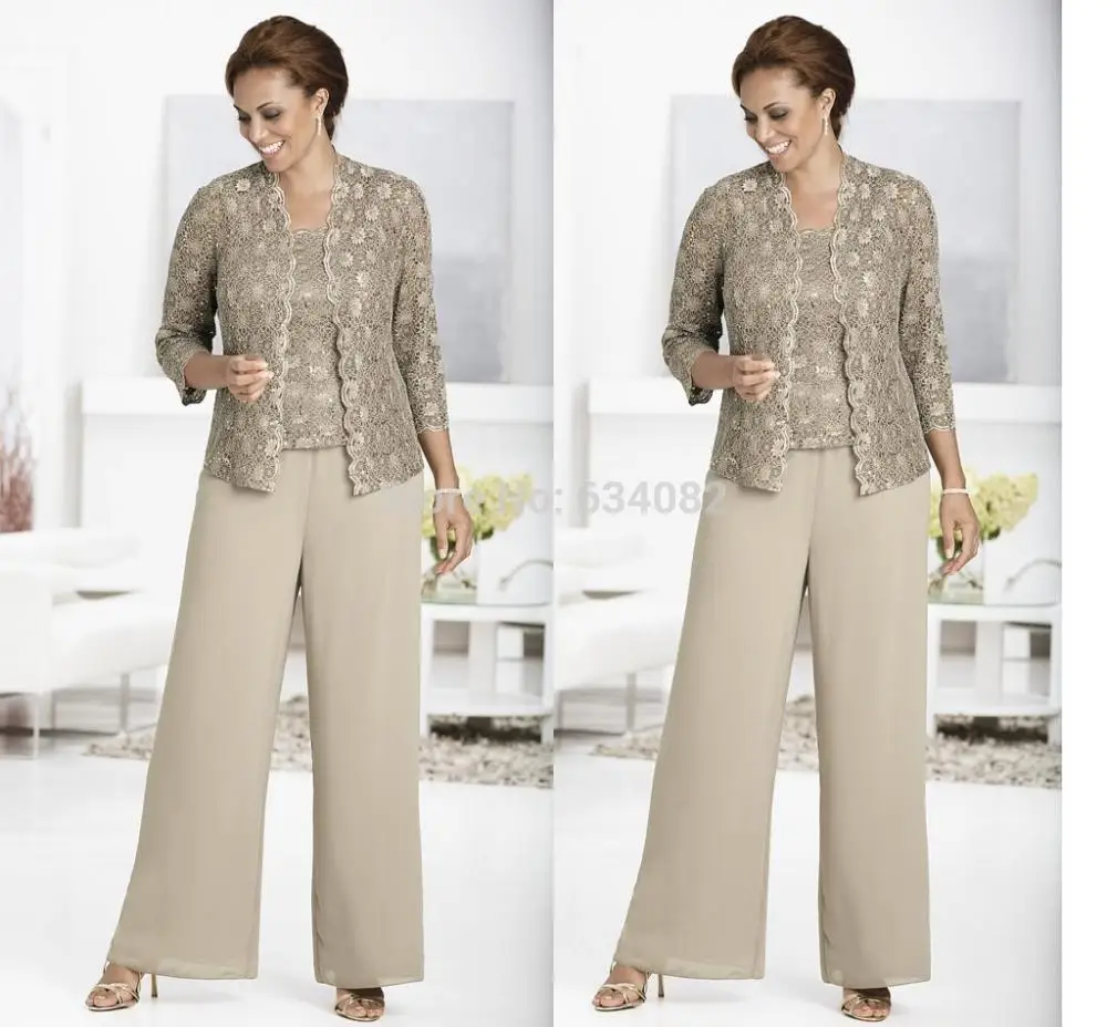Three-piece Pant Set Ankle-Length Lace and Chiffon Mother of the Bride lace Suits with jacket Queen Anne Neckline 2020 |