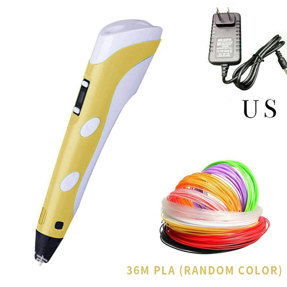yellow 36m US Креативная 3d-ручка с PLA нитями, регулируемая температура, Нетоксичная ручка для рисования, детские подарки на день рождения, обучающая игрушка - Цвет: yellow 36m US