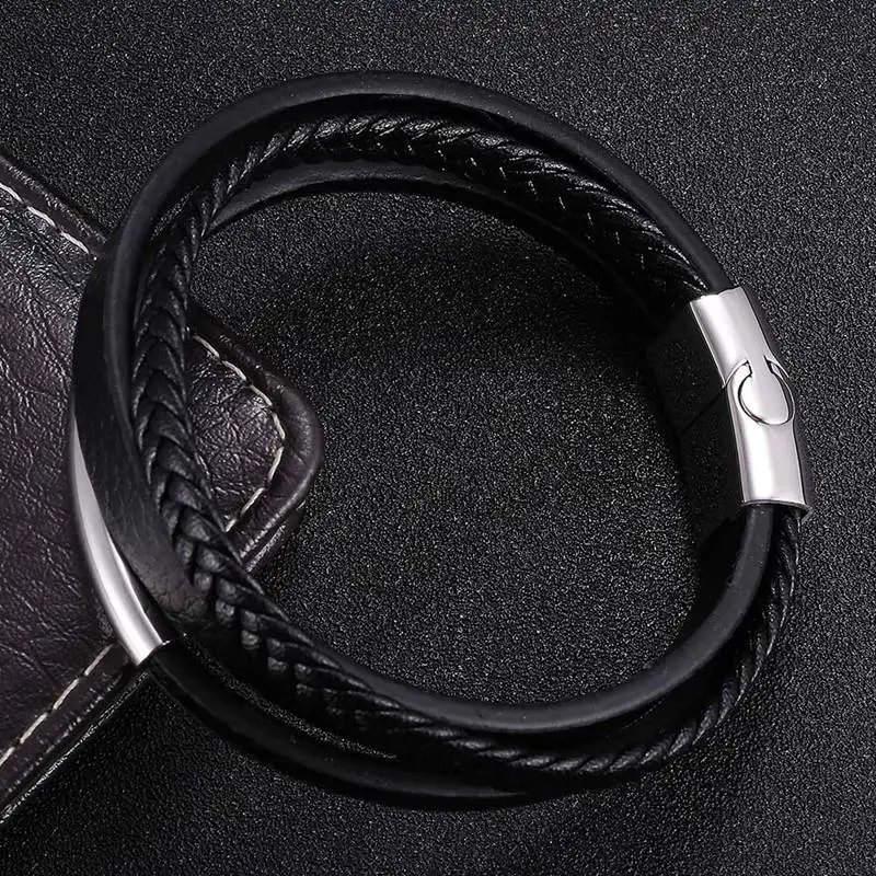 New Design Mutilayer Handmade Black Braided Leather Bracelets Bangles for Men Stainless Steel Fashion Wristband Best Gift SP1010 | Украшения