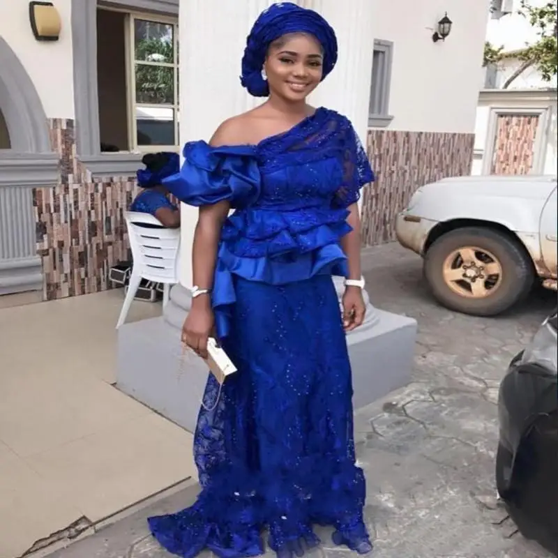 

African Women Prom Dresses Peplum Ruched Tiered Sequins Lace Sheath Evening Dresses Wear Plus Size Party Gowns