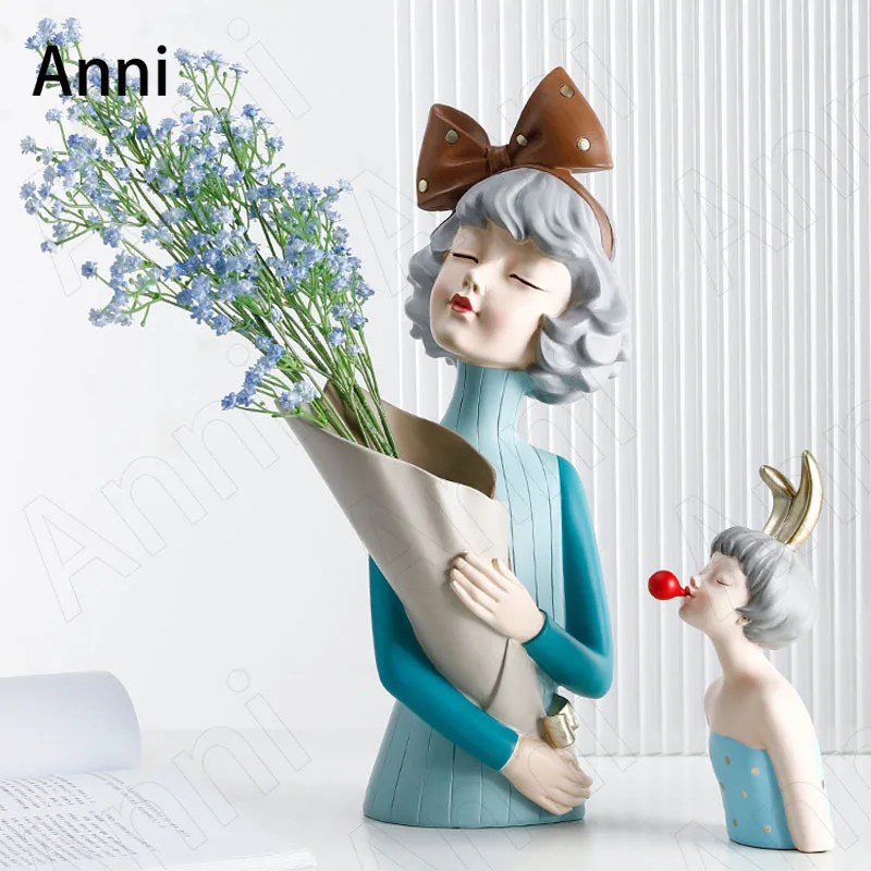 

Creativity Resin Bouquet Girl Figurine Nordic Modern Office Meeting Room Desktop Dried Flower Vase Ornaments Home Decoration