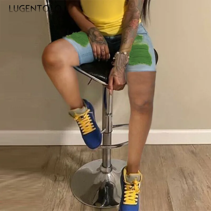 

Women Short Jeans Casual Yellow Yarn Ripped Denim Summer Straight Fashion All-match Female Street Jeans Lugentolo