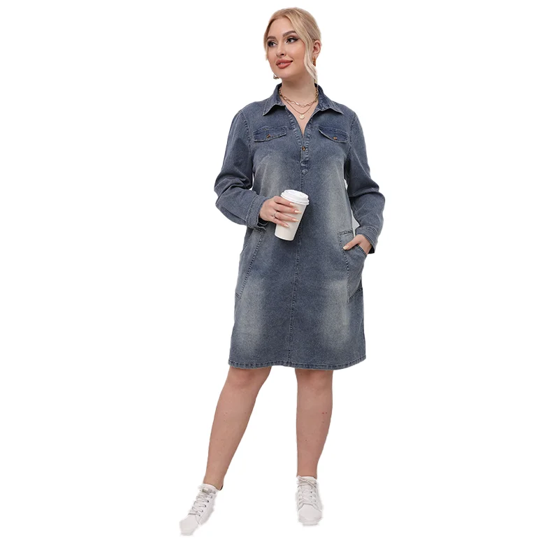 Plus Size Women Dress Long Sleeve Turn Down Collar Buttons Pocket Pleated Solid Color Loose Casual Fashion Retro Denim Dress