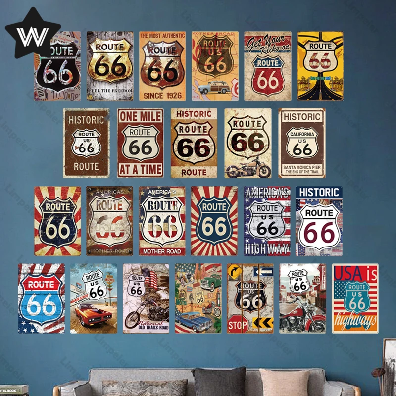 

Shabby Chic Vintage Metal Tin Signs Historic Route 66 Man Cave Plate Garage Wall Stickers Metal Decor Plaque for Club Bar Decor