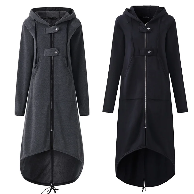 Women Winter Long Sleeve Hooded Trench Coat Autumn Casual Black Zipper Plus Size 5XL Velvet Overcoat Clothes 019 | Женская одежда