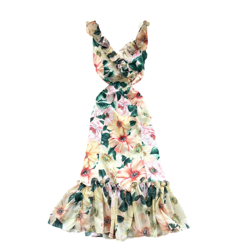 

Summer Sweet New Vestidos Female Wood Ears V-neck Slim Bag Hips Ruffled Fishtail Skirt Printed Midi Dress GK606