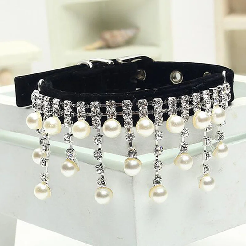 

Fashion Female Wedding Pet Products For Cat Velvet Crystal Pearl Necklace Luxury Jewelry Dog Pet Cat Collar 5 Color 3 Size