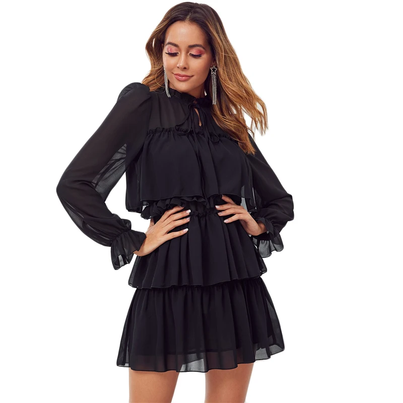 SHEIN черный оборка с завязками на шее с рюшами для девочек на вечеринки, цветок вечерние мини-платье Для женщин Осень Стенд воротник женские элегантные вечерние платья