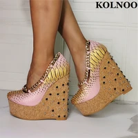 kolnoo new classic handmade womens wedge heeled pumps chain rhinstones evening club dress shoes party prom fashion court shoes