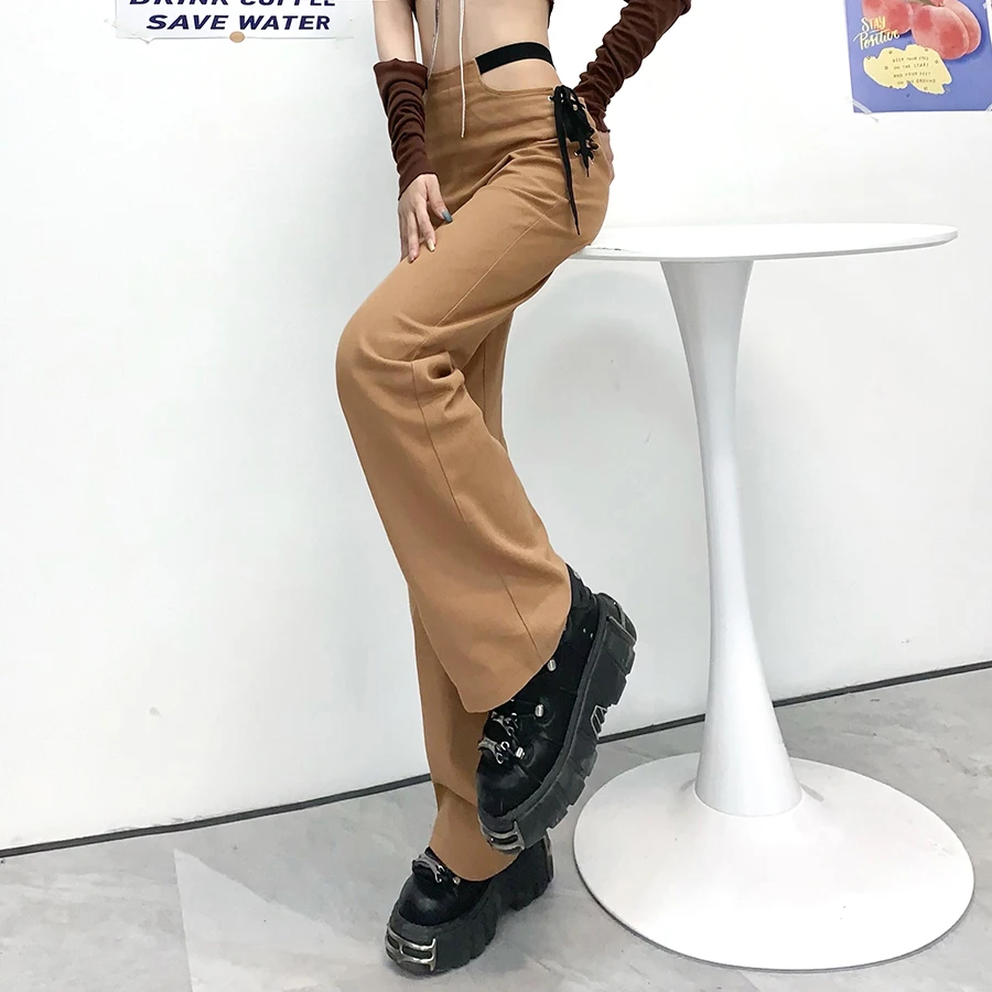 

Sylcue Summer 2021 khaki wide-leg pants with hollowed-out strappy slim waist retro style street trend female High waist pants