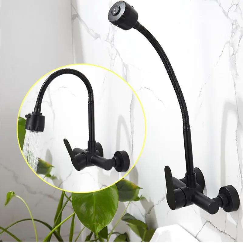 Stainless steel Wall Mounted Kitchen Faucet Kitchen Mixers Kitchen Sink Tap 360 Degree Swivel Flexible Hose Double Holes