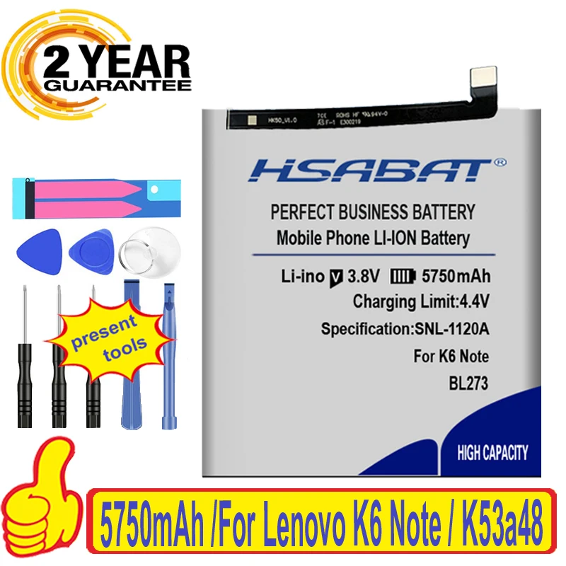 100% оригинал HSABAT 5750mAh BL273 батарея для Lenovo K6 Note / K53a48|Аккумуляторы мобильных