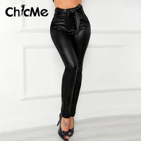 chicme pu leather pants high waist skinny pants casual paperbag waist faux leather pants with belt for women autumn spring