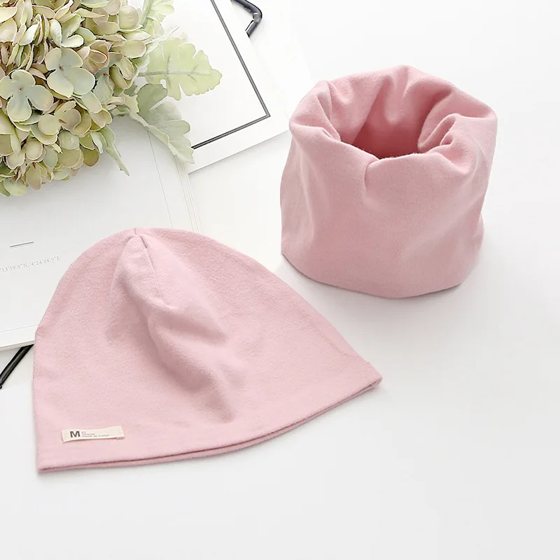 pink Новинка, осенний комплект для девочек, шапка и шарф, детская шапка, шарф-воротник, зимняя шапка для девочек, шапка для мальчиков, хлопковый плюшевый Детский набор из шапки и шарфа - Цвет: pink