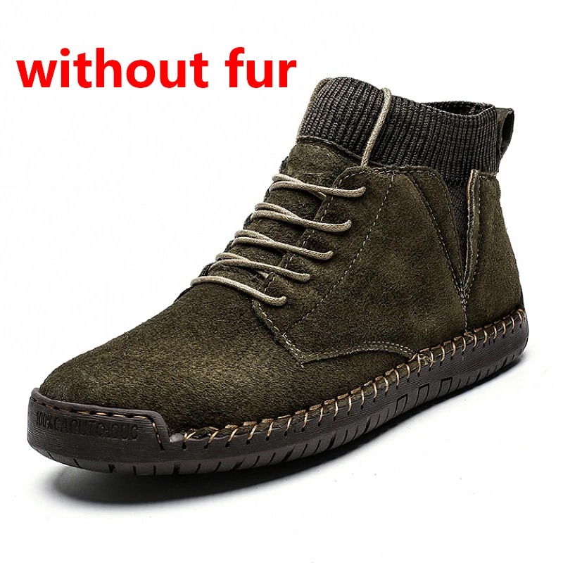 green without fur JINTOHO/мужские кожаные ботильоны большого размера; модная мужская обувь из натуральной кожи; Брендовые мужские ботинки; теплые зимние ботинки; зимние ботинки для работы - Цвет: green without fur