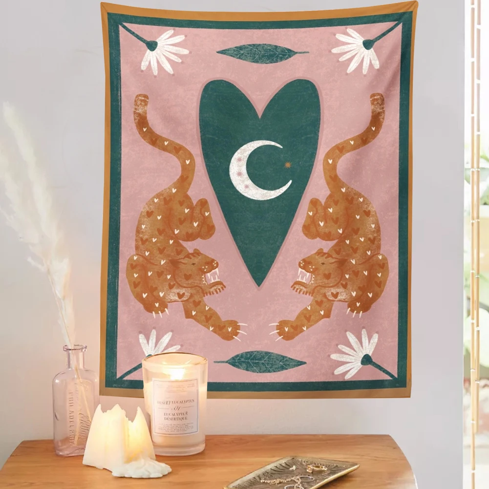 

Настенные гобелены в стиле бохо, гобелен розового цвета с изображением тигра, сердца, хиппи, украшение для дома, Психоделическое искусство, ...