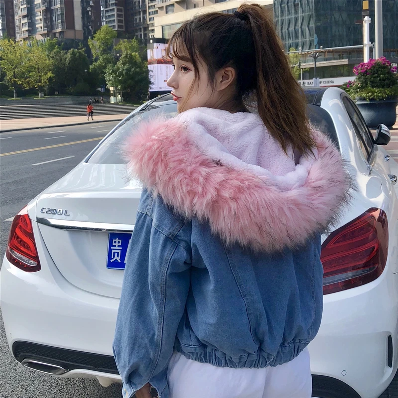 Новинка 2019 зимняя джинсовая куртка короткое пальто большой меховой воротник из